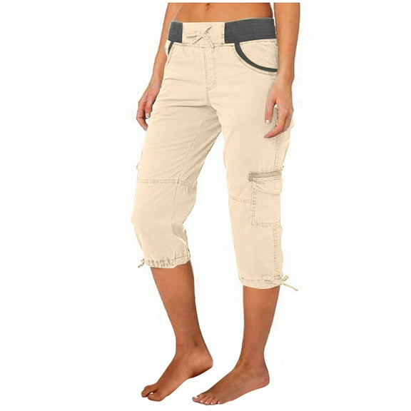 Munlar Beige Women's Shorts High Waist Capris Pants Drawstring Long Pants Summer Shorts with Pockets