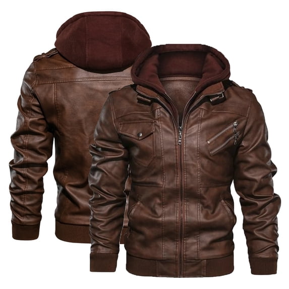 Munlar Biker Jacket Men-Leather Slim Hooded Plush Thickened Leather Boys Raincoat Christmas Winter Coat Clearance