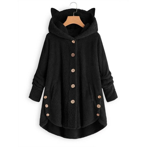 Munlar Blazer Jackets for Women-Keep Warm Button Down Cardigan Hoodies Cat Ears Irregular Plush Solid Hoodeds Black Coat Women Clearance