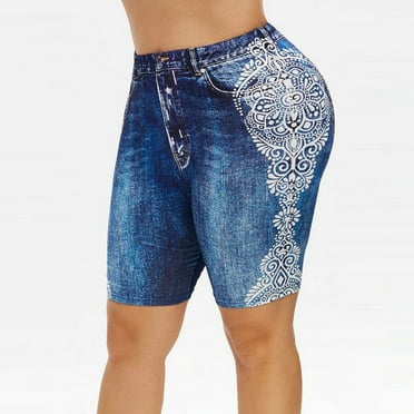 Munlar Blue Bermuda Shorts for Women Leggings Stretchy Pull On High Waisted Plus Size Tight Solid Shorts