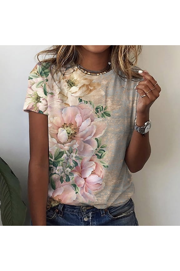 Brown Womens T Shirts Crew Neck Short Sleeve Graphic Blouses Flower Tops for Women