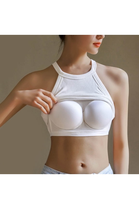 Camisole Tops for Women White Trendy Vest with Built in Bra Slim Solid Halter Sleeveless Shirts M