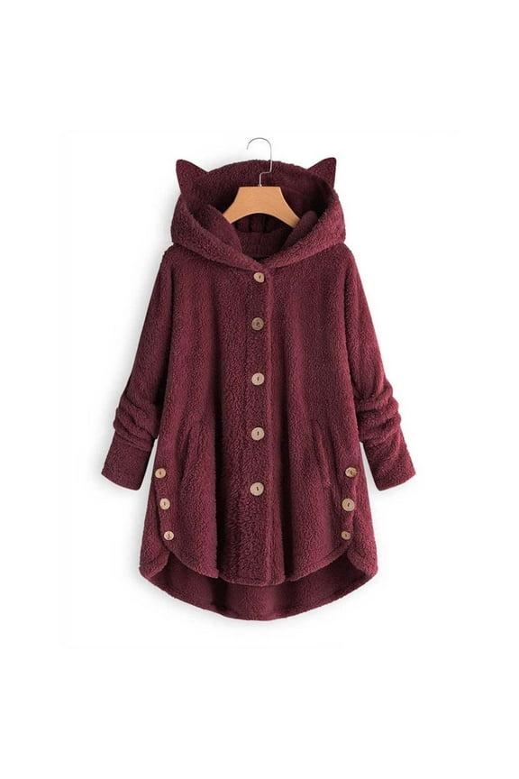 Munlar Camo Jacket-Keep Warm Button Down Cardigan Hoodies Cat Ears Irregular Plush Solid Hoodeds Long Coat Clearance