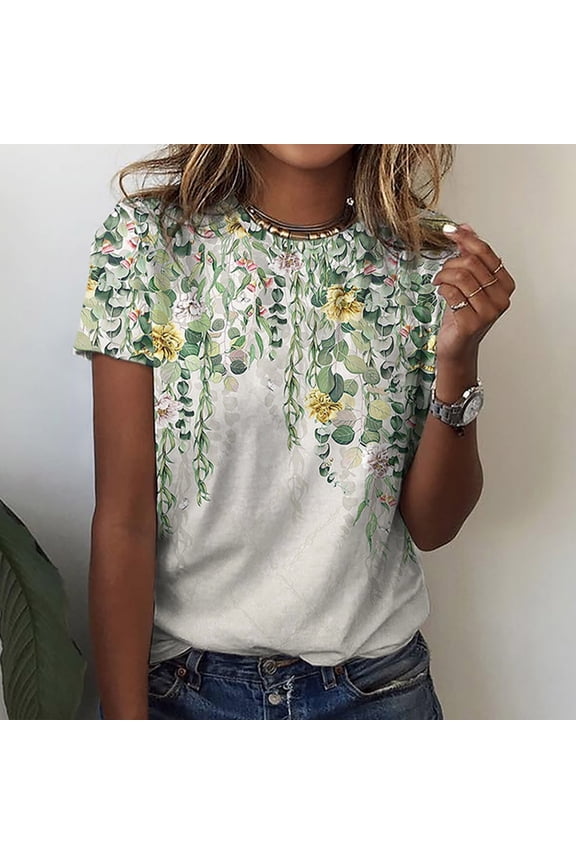 Crew Neck Womens T Shirts Short Sleeve Green Graphic Blouses Flower Tops for Women