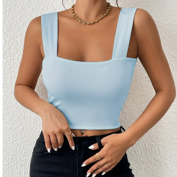 Munlar Crop Tops for Women Trendy Light Blue Sleeveless Solid Color Square Neck Basic Shirts