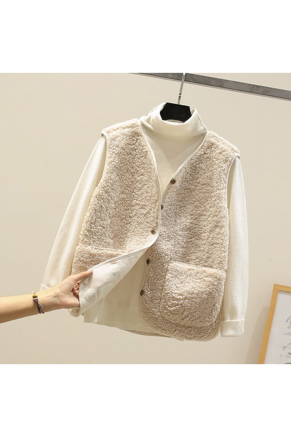 Down Jacket Women-Pocket Vest Short Winter Sleeveless Fleece Button Solid Outerwear Trench Coat Clearance