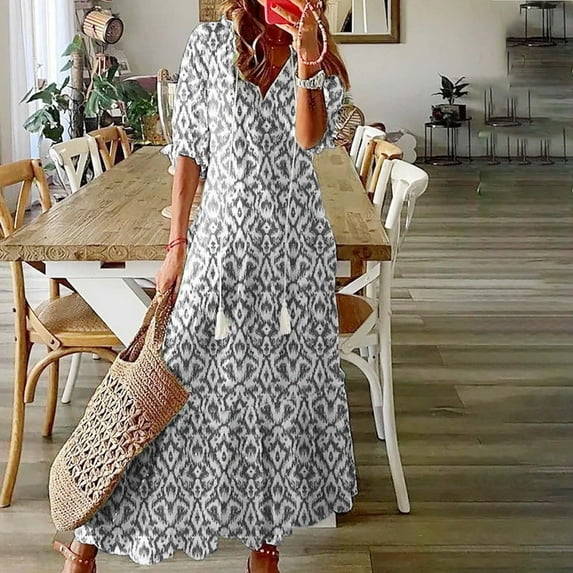 Munlar Gray Long Sleeve Women's Sundress Pleated Long Dress V-Neck Summer Boho Sundress for Women