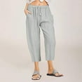 thumbnail image 1 of Munlar Gray Womens Long Pants Drawstring with Pockets Cotton Linen Cropped Trousers Capris Pants for Women, 1 of 6