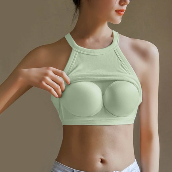 Munlar Green Tank Tops for Women Camisole Vest Summer with Built in Bra Sleeveless Solid Slim Halter Tees L