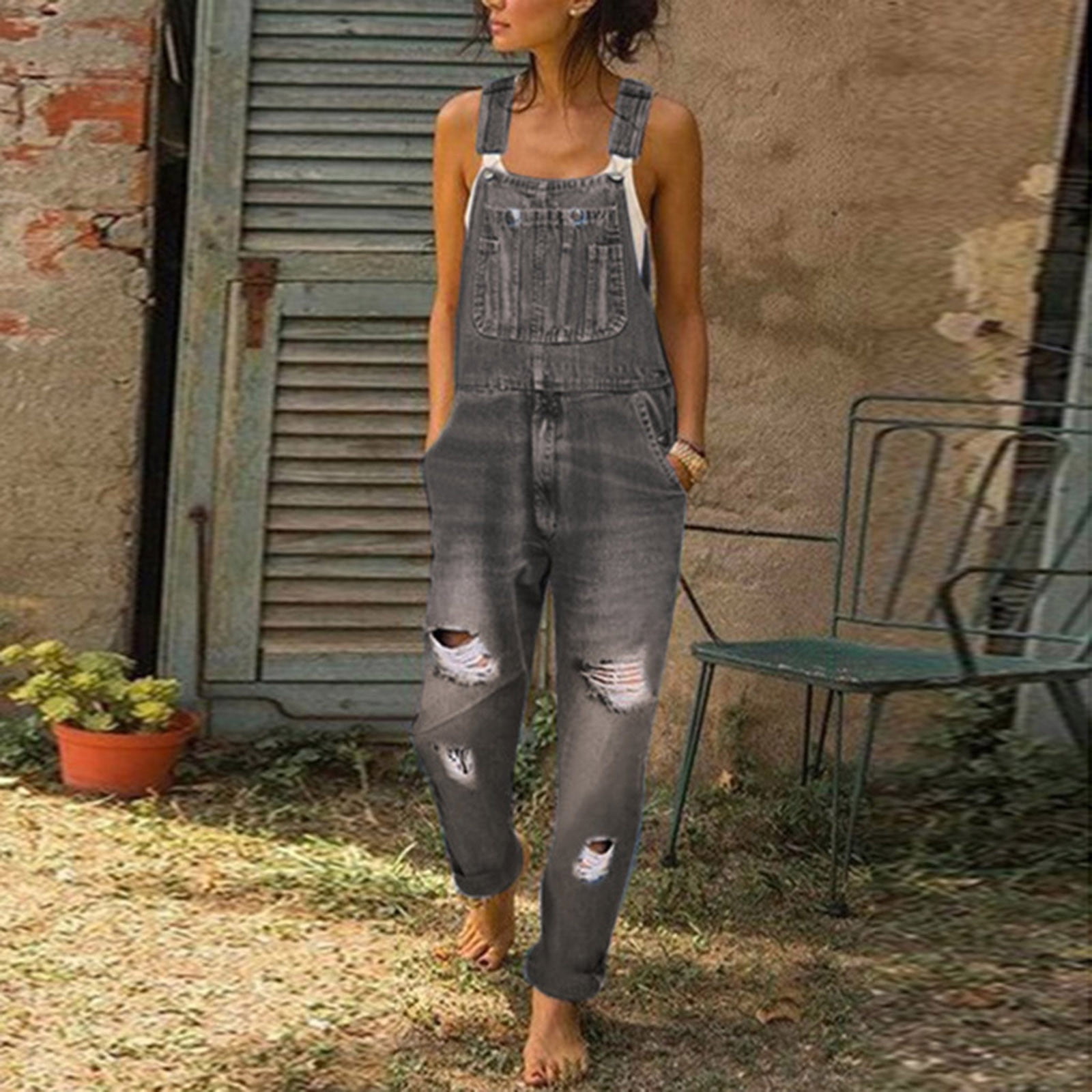 Munlar Grey Jumpsuit for Women,Washed Denim Bib Jeans Overalls