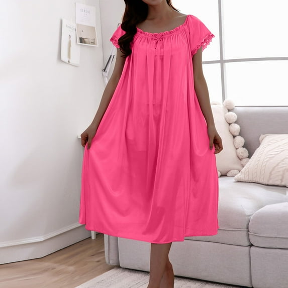 Munlar Ice Silk Nightgowns for Womens Lightweigh Short Sleeve Sleep Dresses Below-the-Knee Crew Neck Hot Pink Sleepwear Free Size