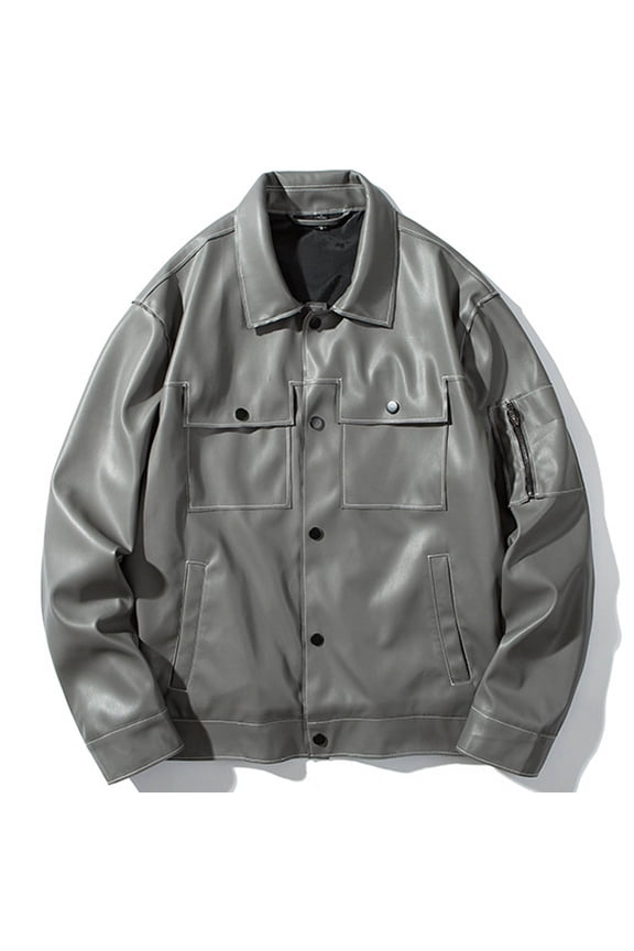 Jacket - Leather Fashion Stand Collar Punk Motorcycle Washed Leather Long Sleeve Hoodless Casual Outwear Yellow Raincoat Kids Christmas Winter Coat Clearance