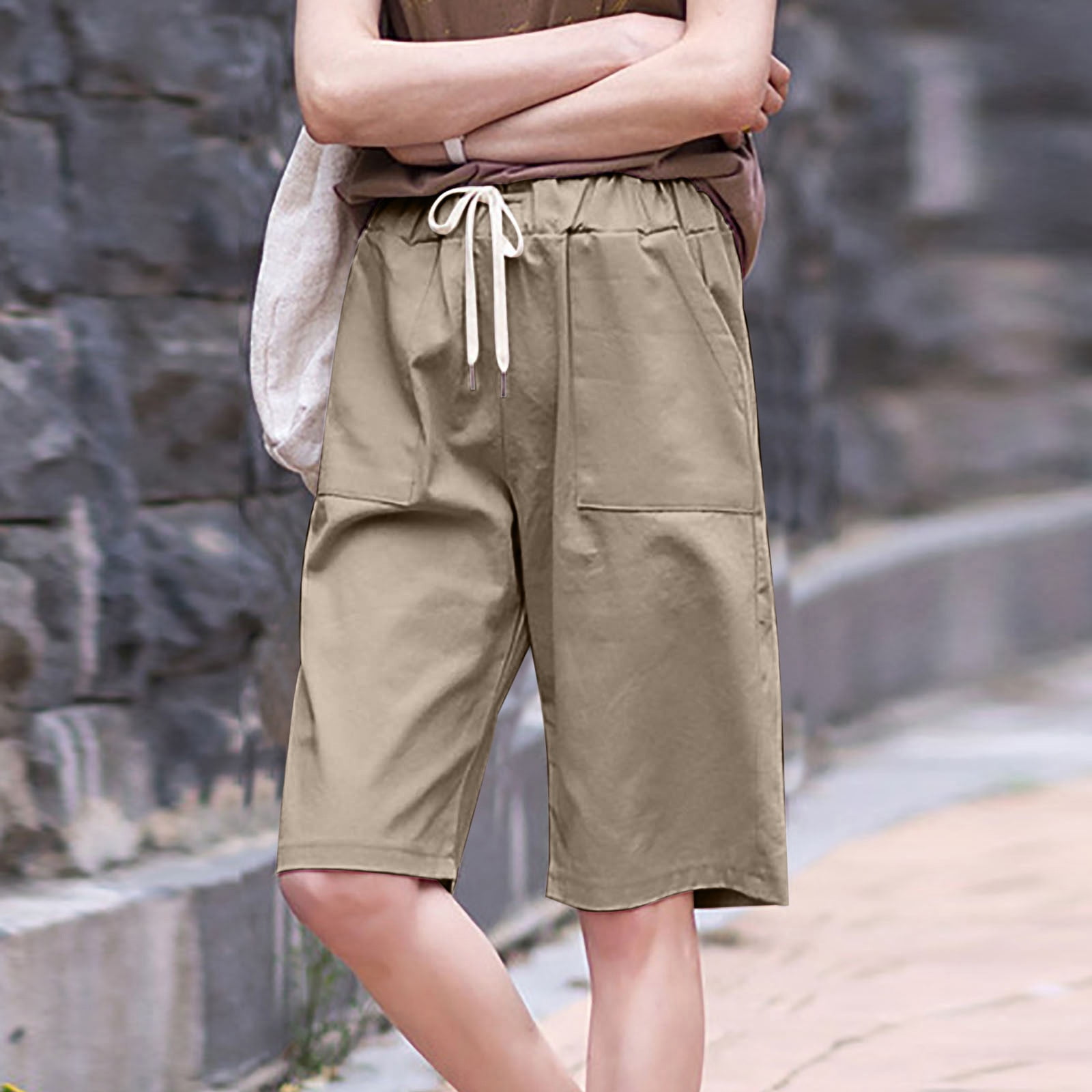 【NONCODE】Brenna Washing Pocket Bermuda Pants Lands' End Women's Stretch Chino Bermuda Shorts 0 Khaki