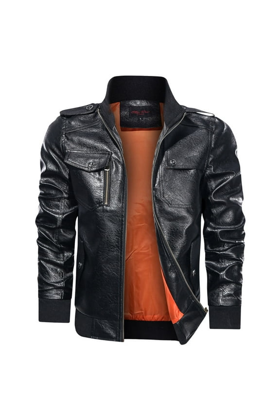 Kids Leather Jacket- Fashion Pure Color Zipper Stand Collar Imitation Leather Rain Coats for Men Christmas Winter Coat Clearance