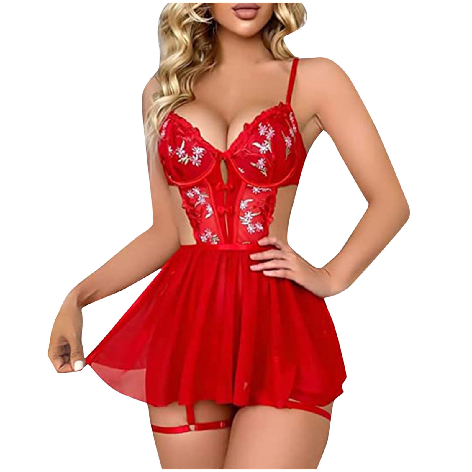 Munlar Lace Dress with Underwear Chemise Babydoll Naughty for Sex Red Sexy  Lingerie for Women Temptataion with Belt Thong Pants Sexy Nightwear -  Walmart.com