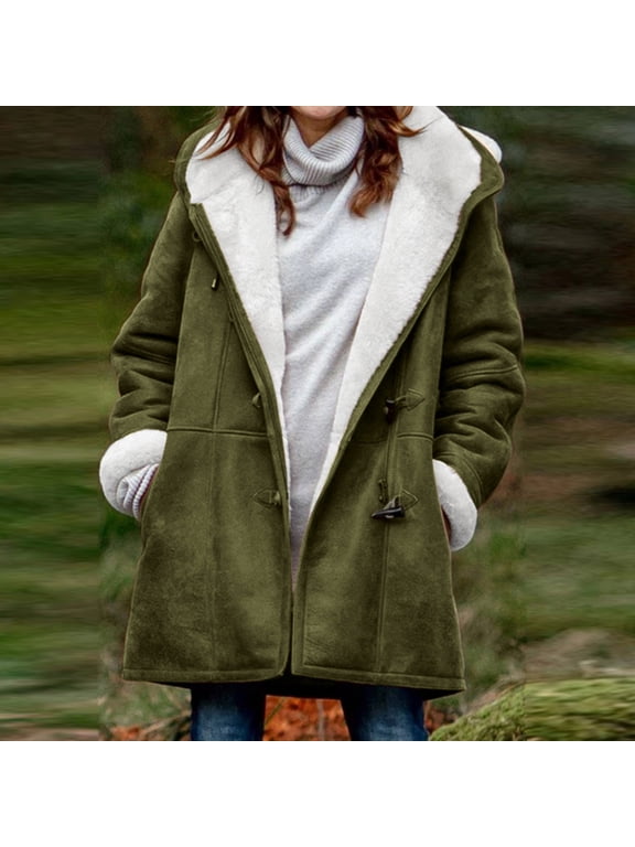 Munlar Long Leather Jacket Women-Winter Plus Size Solid Plus Velvet Long Sleeve Horn Buckle Pocket Overcoat Maternity Coats, Jackets & Vests Clearance
