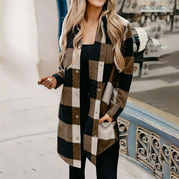Munlar Long Sleeve Plaid Cardigan With Pocket White Jean Jacket Women Lab Coat Women Christmas Winter Coat for Women
