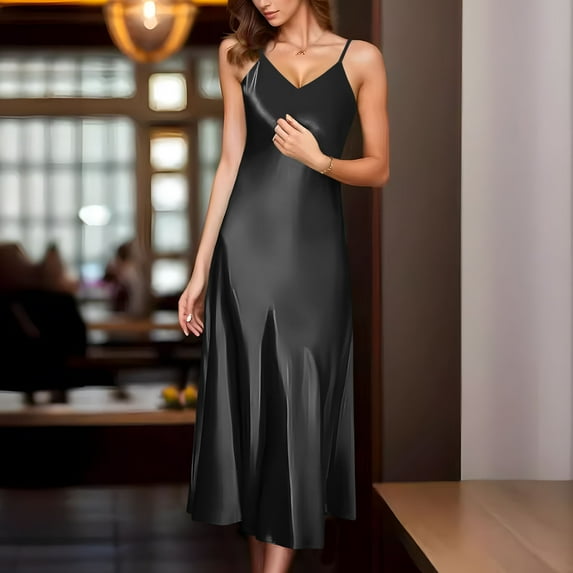 Munlar Long Womens Slip Dress Sleeveless Black Plus Size Bodycon A-Line Solid Camisole Dress for Women