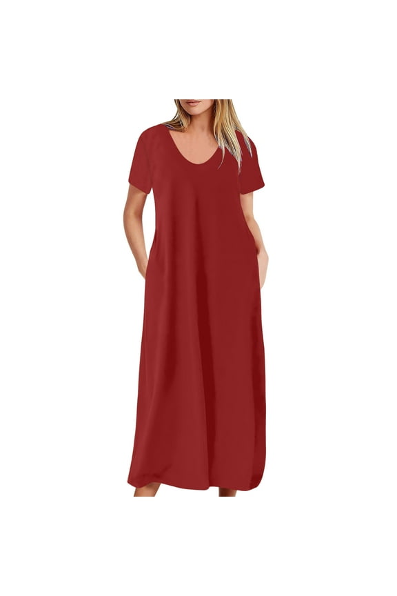 Long Womens T Shirt Dress Short Sleeve Wine Loose Fit Solid Plus Size Maxi Dress for Women