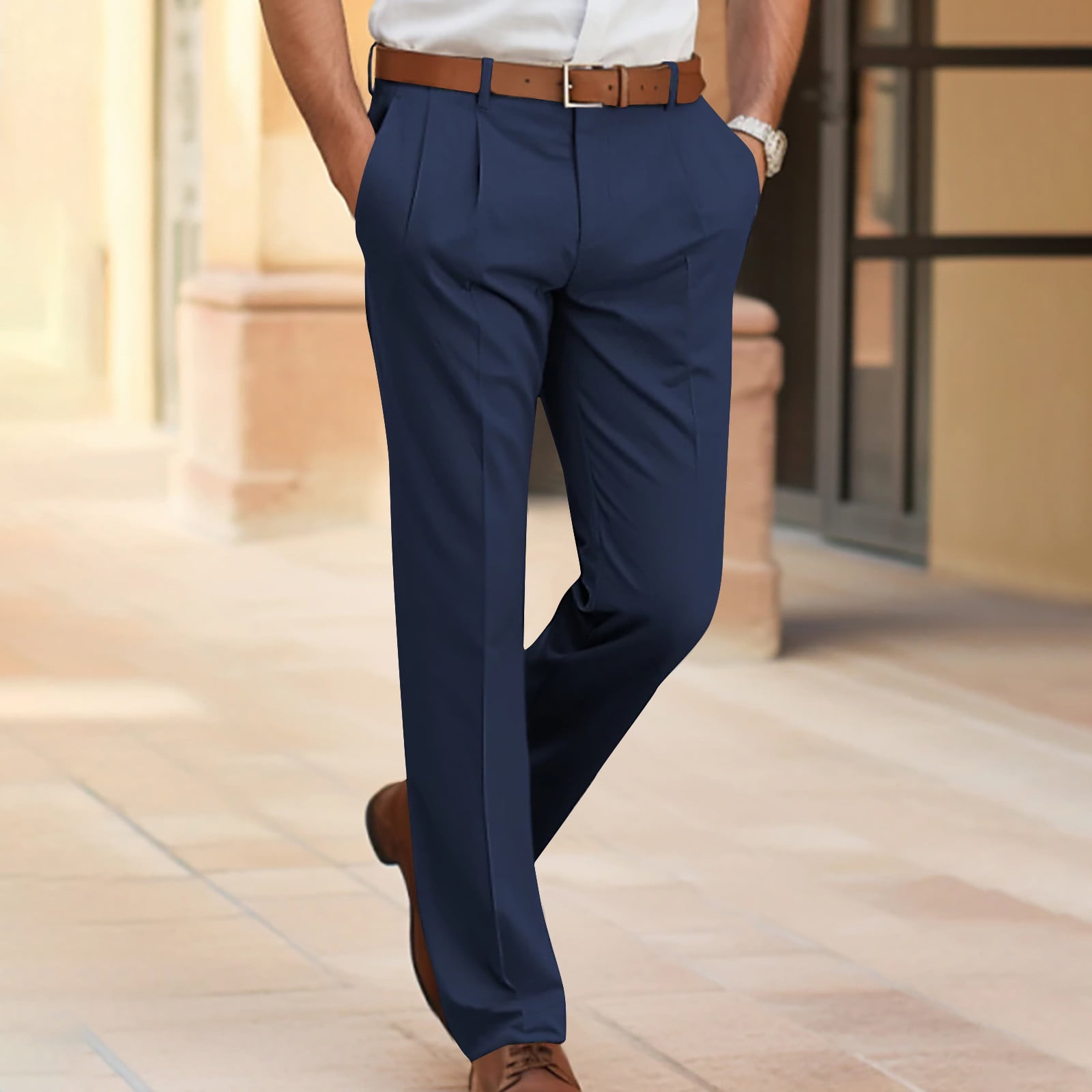 Munlar Men's and Big Men's Dress Pants Elastic Waist with Belt Stretch