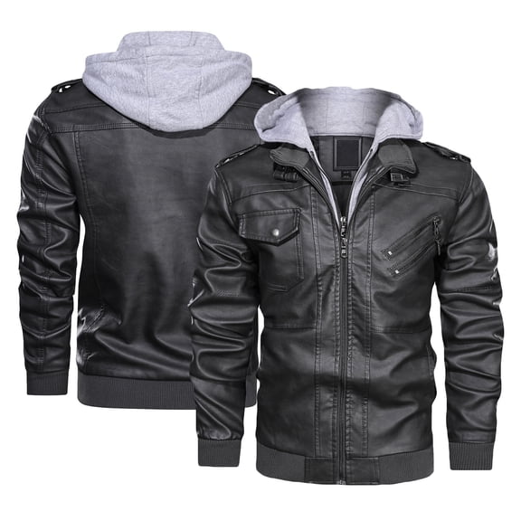 Munlar Mens Fall Jacket-Leather Slim Hooded Plush Thickened Leather Puffer Coat Christmas Winter Coat Clearance