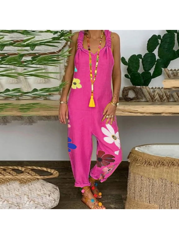 Munlar Navy Jumpsuit,Printing Cotton Hemp Long Trousers Pocket Overalls Casual Rompe Christmas Jumpsuit for Women
