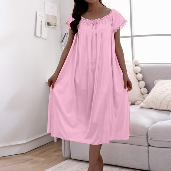 Munlar Nightgowns for Womens Casual Ice Silk Short Sleeve Sleep Dresses Pink Crew Neck Below-the-Knee Sleepwear Free Size