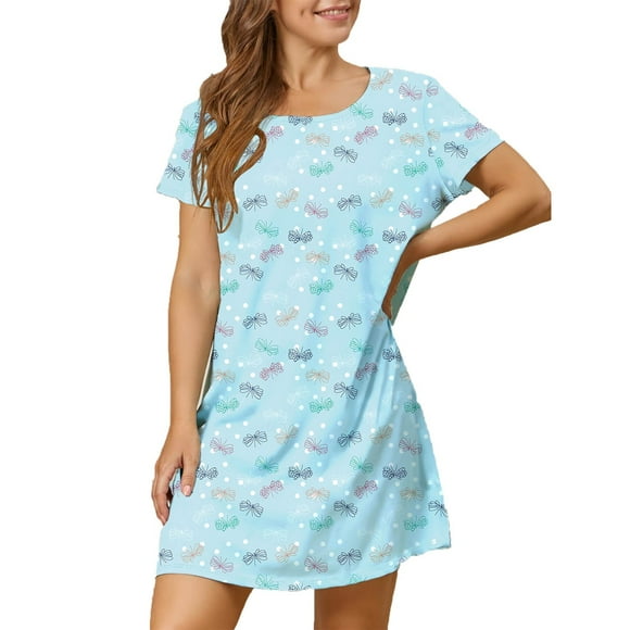 Munlar Nightgowns for Womens Short Sleeve Cute Sleepwear Above-the-Knee Floral Crew Neck Sky Blue Sleep Dresses 2XL