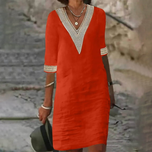 Munlar Orange Women's Mini Dress Lace V Neck Short Sleeve Loose Fit Sundress Summer Dress for Women