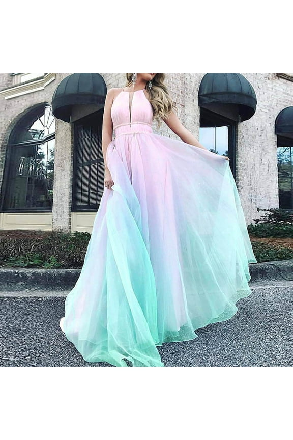 Munlar Party Dresses for Women,Womens Wedding Guest Bridesmaid Dresses,Women Fashion Gradient Mesh Beach Dress Boho Hanging Neck Party Big Swing Dress