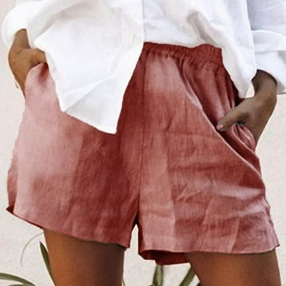 Munlar Pink Shorts for Women Pull on Wide Leg Mid Rise with Pockets Plus Size Solid Loose Shorts