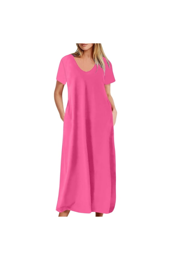 Pink Womens T Shirt Dress Short Sleeve Long Solid Plus Size Loose Fit Maxi Dress for Women