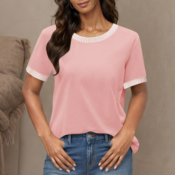 Munlar Pink Womens Tops Dressy Blouses Crew Neck Short Sleeve Striped Print Loose Shirts L