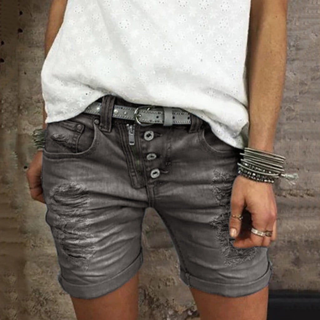 Munlar Pull On Jean Shorts for Women Distressed Casual Mid Rise Denim ...