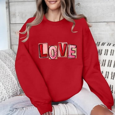 Munlar Pullover Sweatshirts for Women Red Crew Neck Long Sleeve Shirts Loose Sweatshirt Love Casual Tops XS