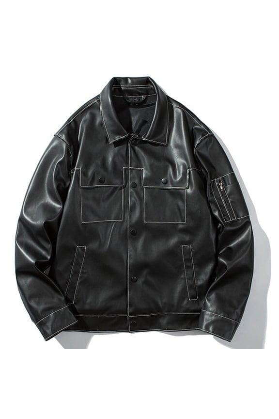 Munlar Rapper Jacket- Leather Fashion Stand Collar Punk Motorcycle Washed Leather Long Sleeve Hoodless Casual Outwear Clear Raincoat Christmas Winter Coat Clearance