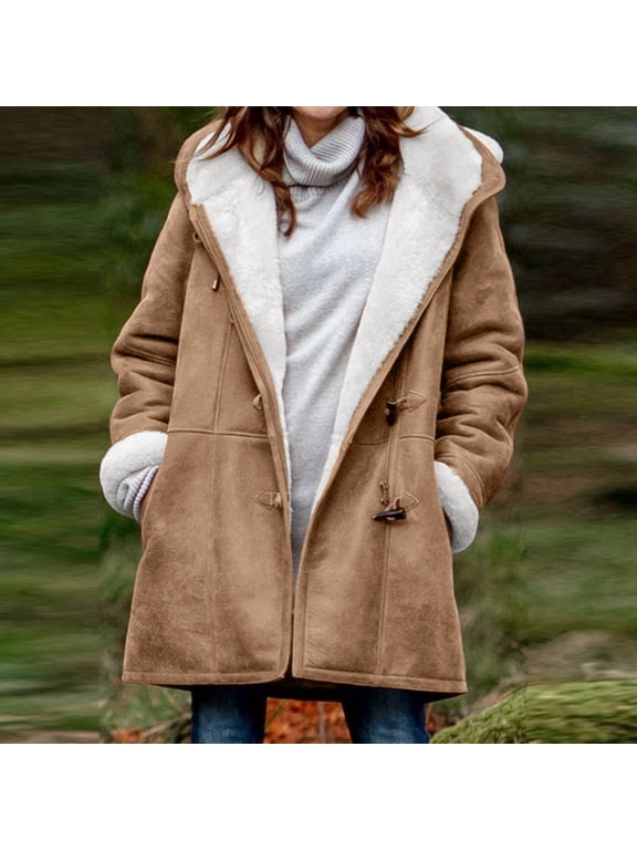 Munlar Red Hood Jacket-Winter Plus Size Solid Plus Velvet Long Sleeve Horn Buckle Pocket Overcoat Coats for Girls