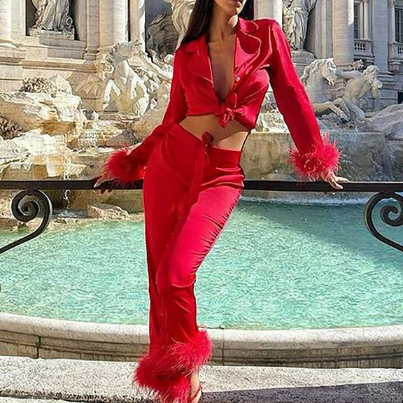 Munlar Robes For Women,Christmas Loungewear For Family,Women Sexy Casual Turn Down Neck Solid Feather Full Sleeve Button Pants Suit Homewear Pajamas