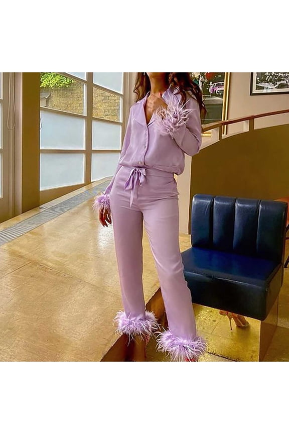 Munlar Robes For Women,Christmas Loungewear For Family,Women Sexy Casual Turn Down Neck Solid Feather Full Sleeve Button Pants Suit Homewear Pajamas