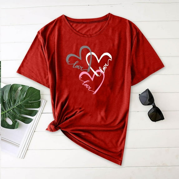 Munlar Shirts for Women Spring Y2k Red 2025 Short Sleeve Crew Neck LOVE Heart Graphic Tees S