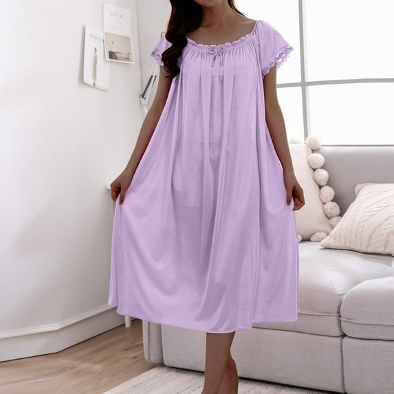 Munlar Short Sleeve Nightgowns for Womens Cute Ice Silk Sleepwear Crew Neck Purple Below-the-Knee Sleep Dresses Free Size