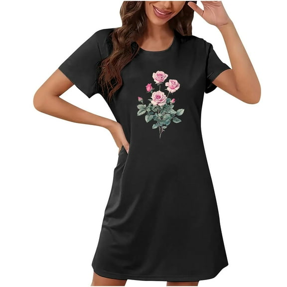 Munlar Short Sleeve Nightgowns for Womens Soft Sleepwear Valentines Day Short Crew Neck Black Sleep Dresses 2XL