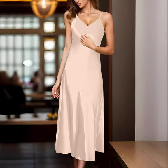 Munlar Sleeveless Womens Slip Dress Long Beige Bodycon Plus Size A-Line Solid Camisole Dress for Women