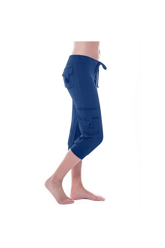Slim Fit Womens Capri Pants with Pockets Blue Drawstring Casual Pants for Women