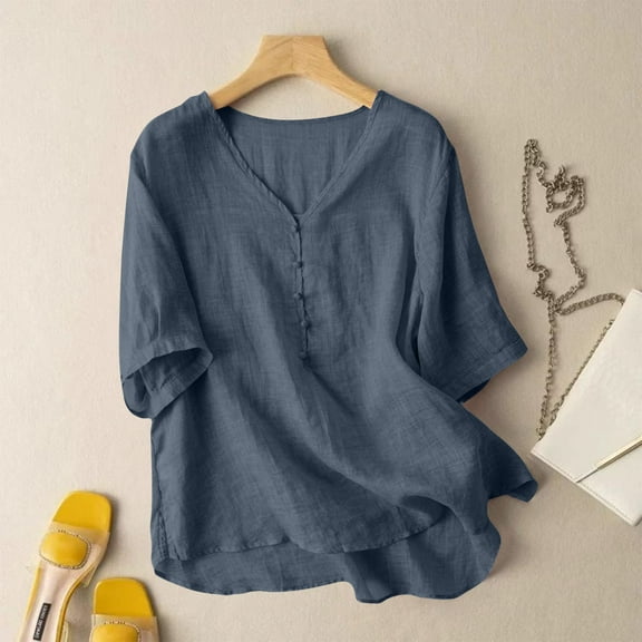 Munlar Summer Womens Tops Dressy Blue Shirts V-Neck Loose Short Sleeve Cotton Linen Solid Color Blouses XL