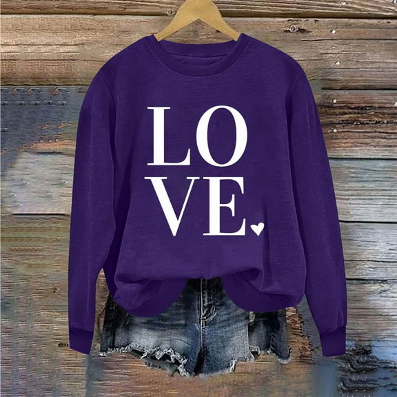 Munlar Sweatshirts for Women Crew Neck Long Sleeve Purple Shirts Loose 2025 Love Sweatshirt Tops L