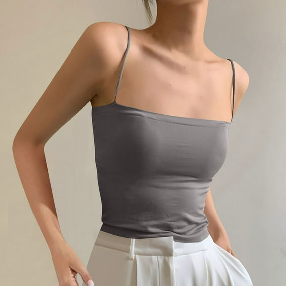 Munlar Trendy Tops for Women 2025 Gray Camisole Square Neck Sleeveless Solid Color Spaghetti Straps Basic Shirts