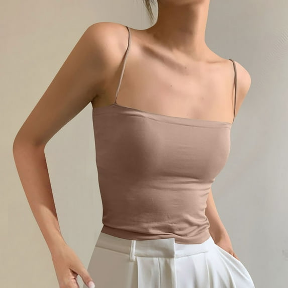 Munlar Trendy Tops for Women 2025 Khaki Camisole Square Neck Sleeveless Spaghetti Straps Solid Color Basic Shirts