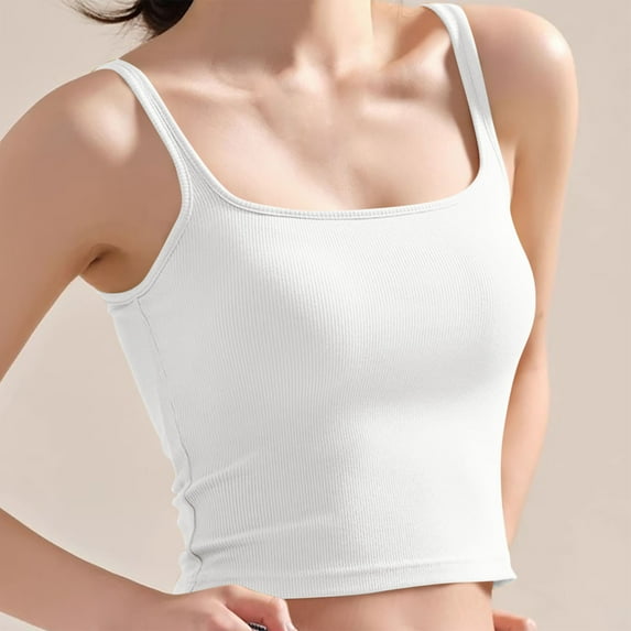 Munlar Trendy Tops for Women 2025 White Ribbed Crop Camisole Sleeveless Spaghetti Straps Square Neck Solid Color Slim Tee