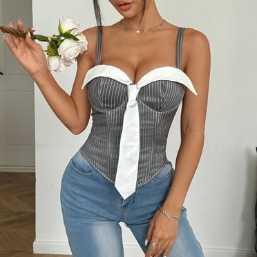 Munlar Tube Tops for Women 2025 Corset Gray Sleeveless Spaghetti Straps Striped Scoop Neck Shirt